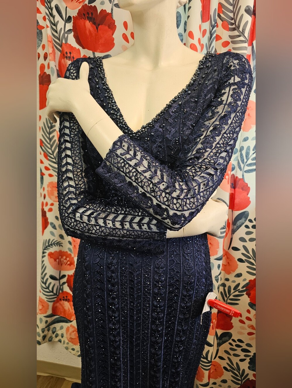 Mac Duggal #20271 Navy Lace Embroidered Beaded Maxi Dress